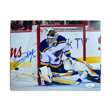 Joel Hofer St Louis Blues Autographed Away Jersey 8x10 Photo - JSA COA