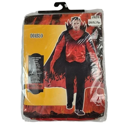 Mens Adult Deluxe Devil DIABLO COSTUME 48-52 NEW 4pc FLAME CAPE Glove SHIRT/VEST - Image 1 of 4