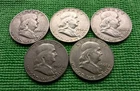 Franklin Half Dollars, 1950's - 1960's, Lot of 5 ($2.50 Face), 90% Silver Coins