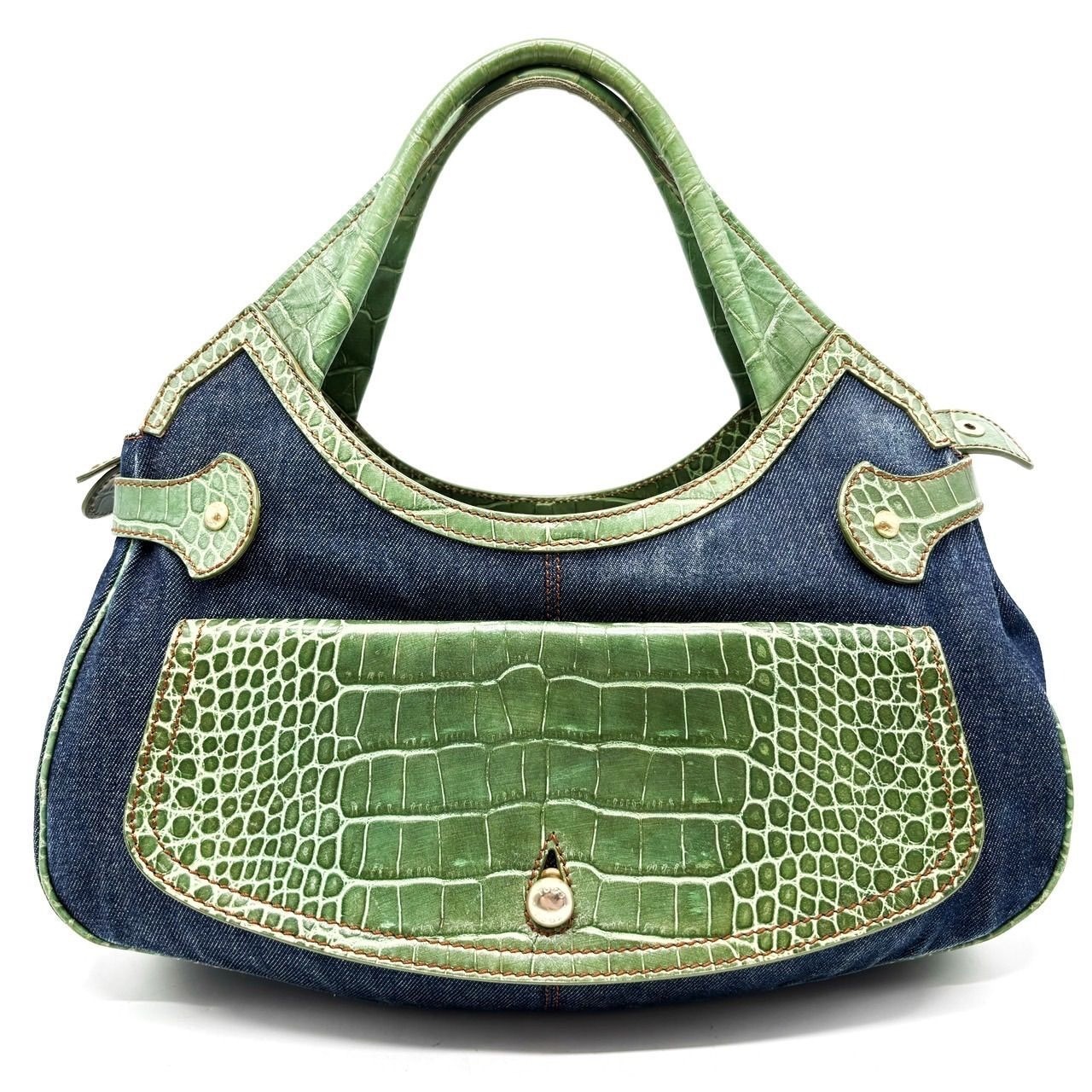 TOD'S Hand Bag Tote Purse Leather Denim Green Navy Excellent Used Zip Closure