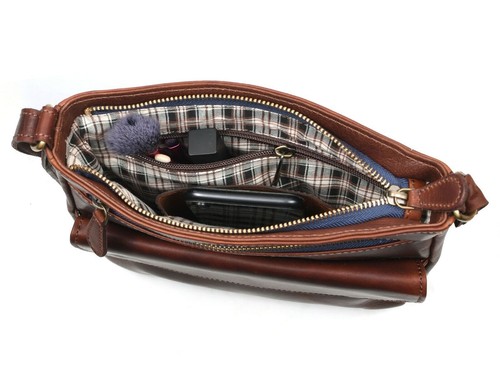 Leather Women Crossbody bag with Metal Zipper Brown Black - Picture 7 of 78