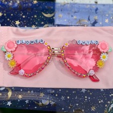 Handmade Boho Festival Sunglasses Flower Child Hippie Floral Bling Show Glasses