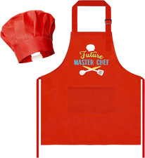 R HORSE 2Pcs Kid Apron and Chef Hat Set, Adjustable Children Red Kitchen Toddler