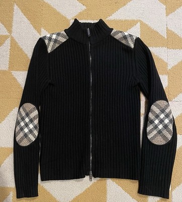 Vintage Burberry Y2K Zip Up Ribbed Sweater Black Nova Check Size XS