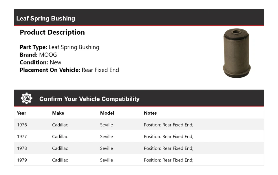 For 1976-1979 Cadillac Seville Leaf Spring Bushing Rear Fixed End MOOG 1976 1977 - Image 2 of 4