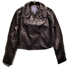 New Modcloth Black Crocodile Embossed Faux Leather Moto Jacket Sz M