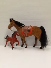 2 Vintage Toy Plastic Horses Flocked Felt Brown Saddle Reins. 1975 Imperial Red.