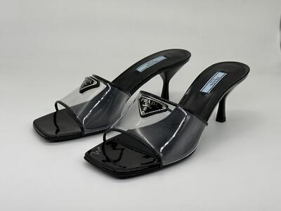 PRADA Signature Triangle Logo PVC Patent Mule Sandals Heels