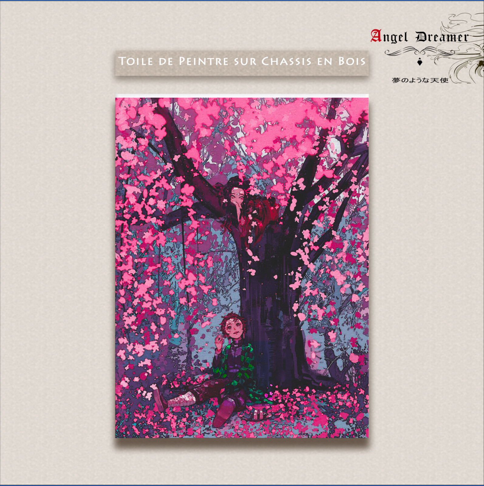Tableau toile Demon Slayer manga Tanjiro Nezuko chassis bois cadre decoration murale rose