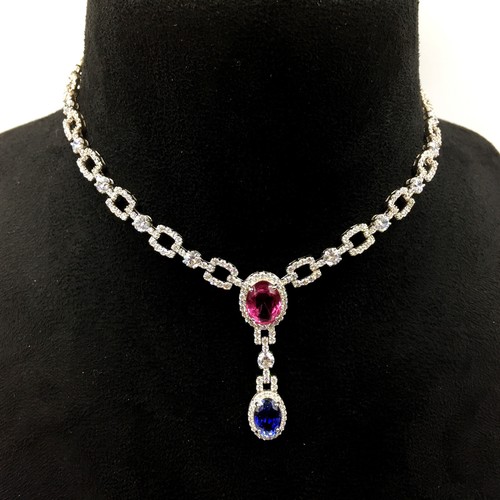 Stunning Square Link Royal Style Multi Color Gemstones Wedding Women's Necklace - Picture 9 of 11