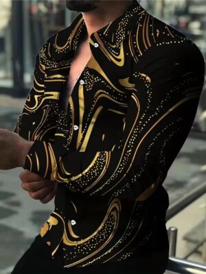 Plus Size Men Button Down Shirts Long Sleeve Black Gold Casual Fashion Up Dress