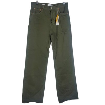 MNG By Mango Womens Jeans Wide Leg Kaia Hi Rise Size 10 Olive Green Button Fly
