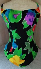 Vintage 80's Illusions By Cole Black Floral One Piece Swim Suit Bathing Size 10