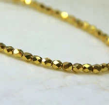  Round Faceted Fire Polished Beads, 4mm, Gold w/ Metallic Finish, 50 Psc
