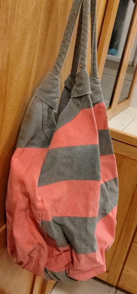 Vintage ROXY  Stripe Coral Gray Beach Tote Shoulder Carryall Weekend Bag B21 - Image 2 of 4