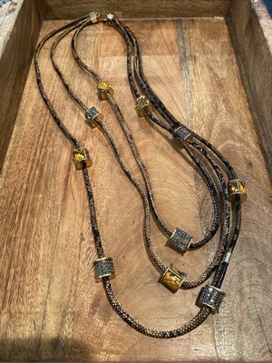 Snake Pattern 3 Tiered Necklace Brown Black Gold Plated Beads Funky