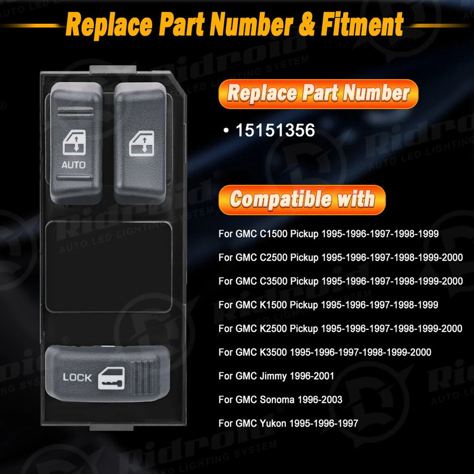 前左侧电源窗开关适用于雪佛兰 GMC 皮卡车 2-Dr 15151356 — 第 4/4 张图片