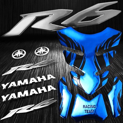 Chrome Blue Tribal Fire Gas Fuel Tank Pad+3D 8''Logo&Letter+YZF-R6 Emblem Sticker