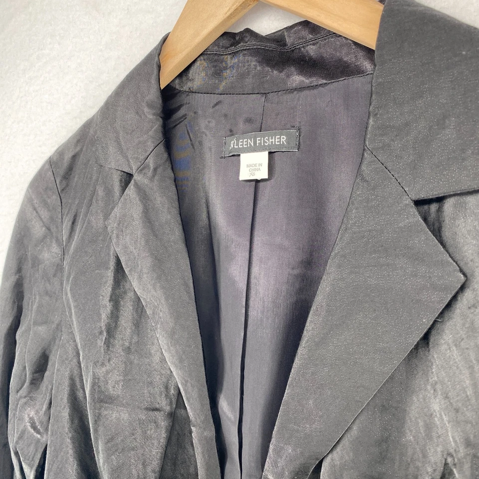 Blazer EILEEN FISHER XS Acero Satinado Mezcla Algodón Corbata Frontal Chaqueta Negro Foto 2 de 4