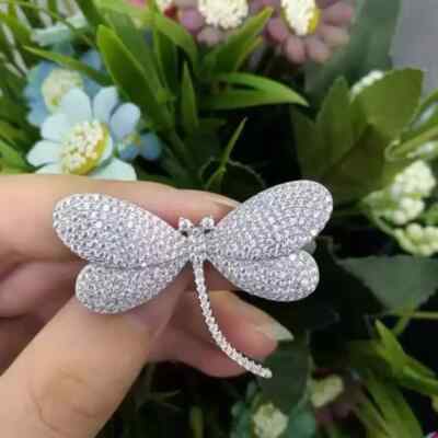 Lab Created Diamond 2Ct Round Women Dragonfly Brooch Pin 14K White Gold Plated
