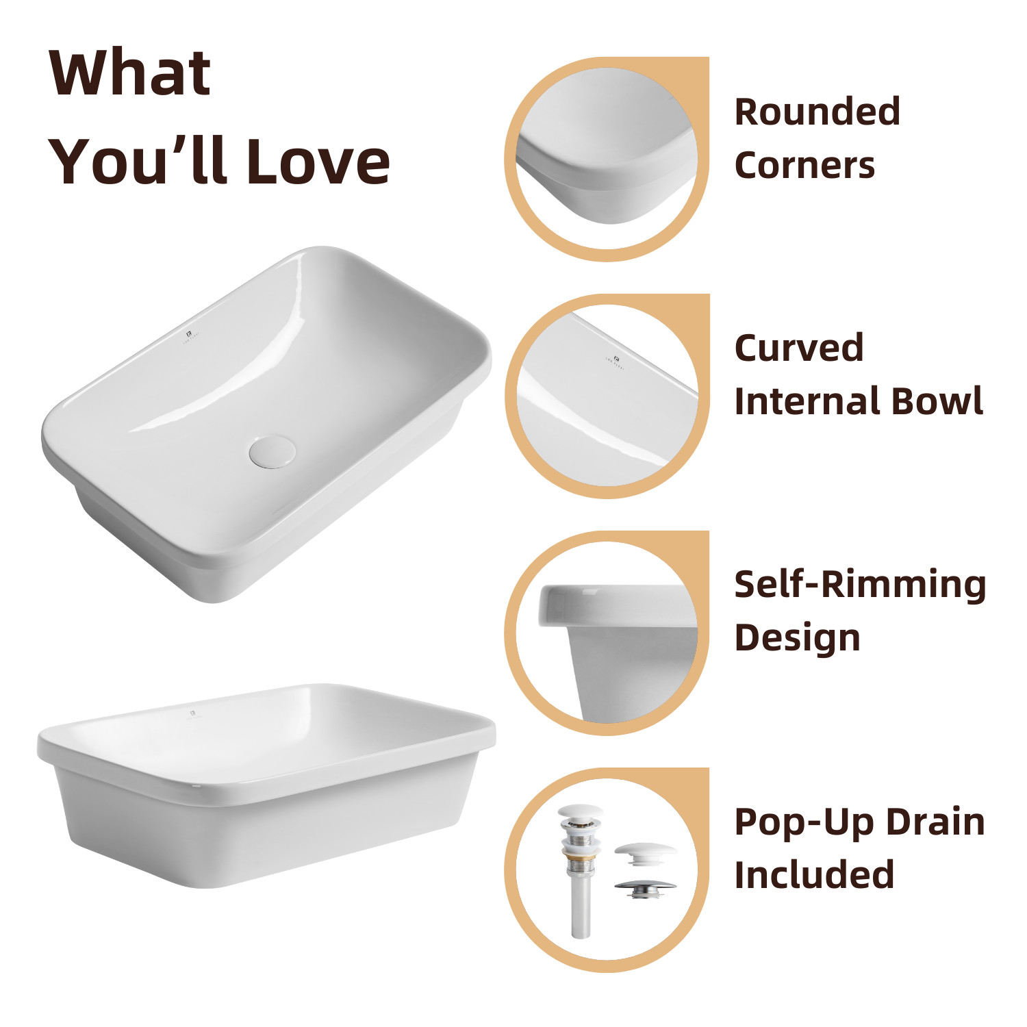 24"W x 15"D Drop-In Bathroom Sink, White Rectangular Semi-Recessed Sink & Drain
