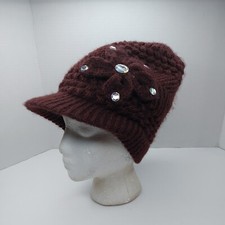 Knit Wool Billed Beanie Hat Cap Rhinestone Flower Brown