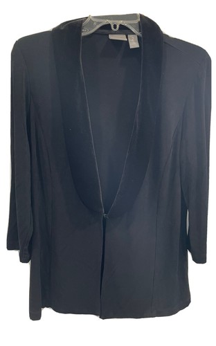 CHICO’S TRAVELERS 2 L Black Velvet Trim Shawl Collar Stretchy Knit Top EUC AK95