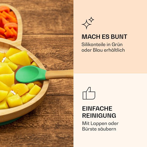 Kindergeschirr Set Bambusteller Löffel 250 ml Baby Besteck 18x18 cm Grün Hase - Afbeelding 8 van 9