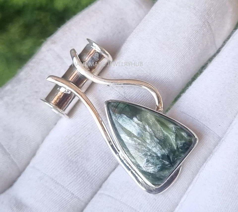 Colgante de piedras preciosas de serafinita natural de plata de ley 925 hecho a mano regalo PG2465 Foto 2 de 3