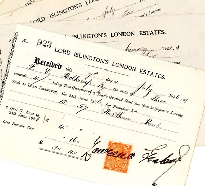 5 Rent Bill heads Lord Islington s London Estates Hartham Road Poleworth 1920s 