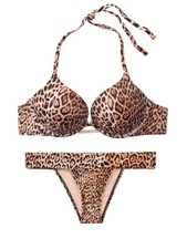 Victoria's Secret BOMBSHELL Push Up SWIM SET Shine brazilian logo 2 cups leopard