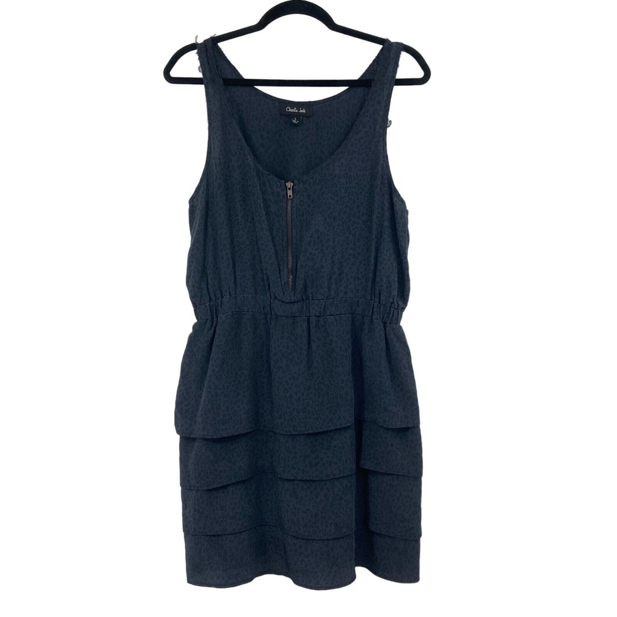 charlie jade silk dress Charlie Jade Silk Animal Print Deep Blue Dress Tiered Ruffle Cocktail  Zipper L