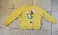 Girls Hand Knit Cardigan Sweater 1970s Vintage Yellow Floral Novelty 6 /7