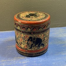 Vintage Burma Laquered Hand Painted Betel Nut Box With Elephants 2.25"&times;2.0"