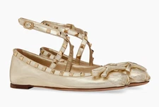 Valentino Rockstud Platino Gold Stud Ankle Strap Bow Ballerina Ballet Flats 42