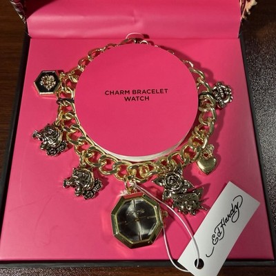 Ed Hardy Women's Gold Charm All Tattoo Design Bracelet Octagon Watch NWT