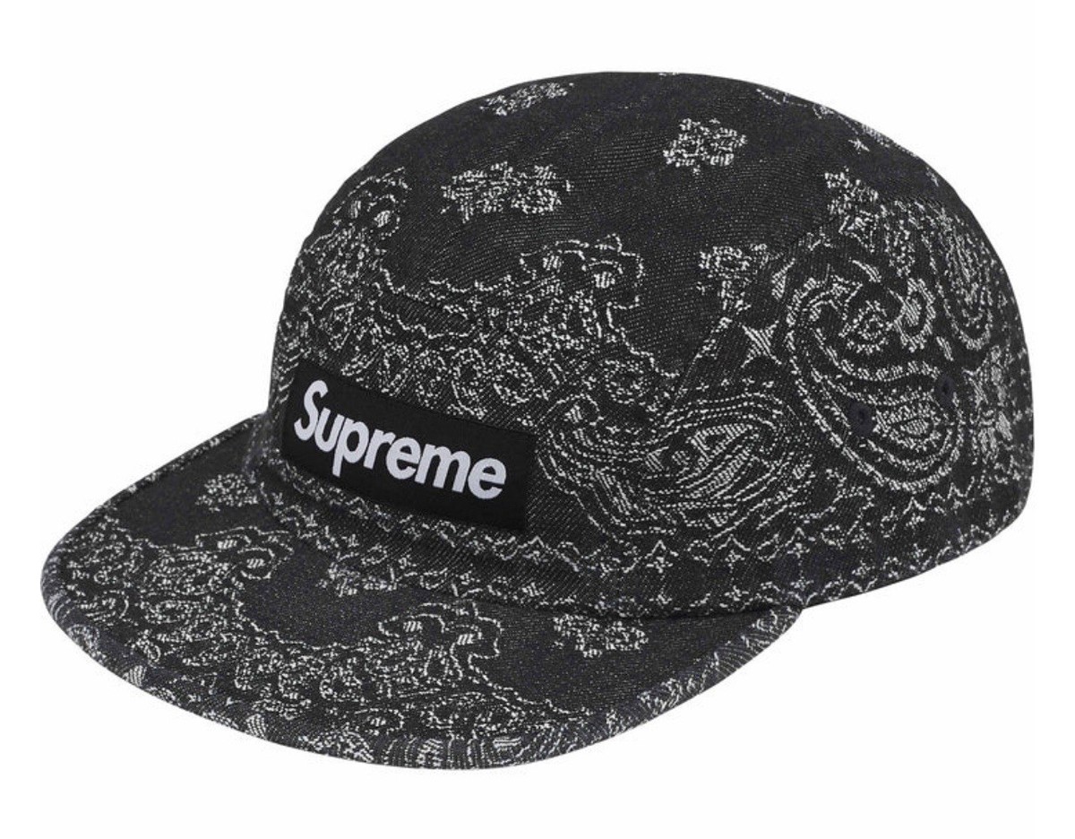 Supreme Bandana Jacquard Denim Camp Cap Black SS25 Paisley Hat