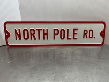 North Pole Road Large Metal Hanging Christmas Sign Decoration Plaque Red White