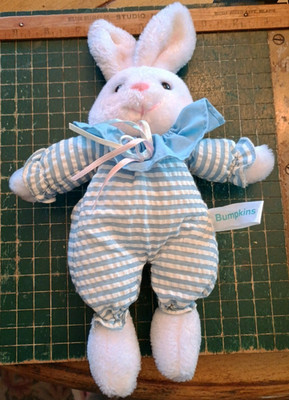 Vtg Russ Bunny Rabbit Bumpkins Blue White Ruffle Ribbon bows Plush 10'' Luv Pets