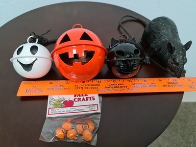 Vintage Halloween Pumpkin & Ghost & Cat Metal Bell Ornament + Squeaky Rubber Rat