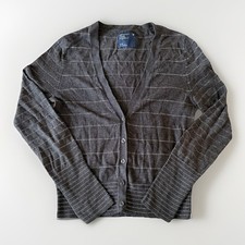 American Eagle VTG Women  s Medium Gray Silver Striped Cardigan Y2K Prep Academia