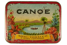 Rare 1930s Danish “Canoe Shag“ litho hinged tobacco tin in excellent condition
