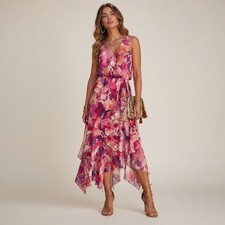 $159 NWT Xscape Women’s Floral-Print Chiffon Midi Dress Multi V-Neck Sz 6P