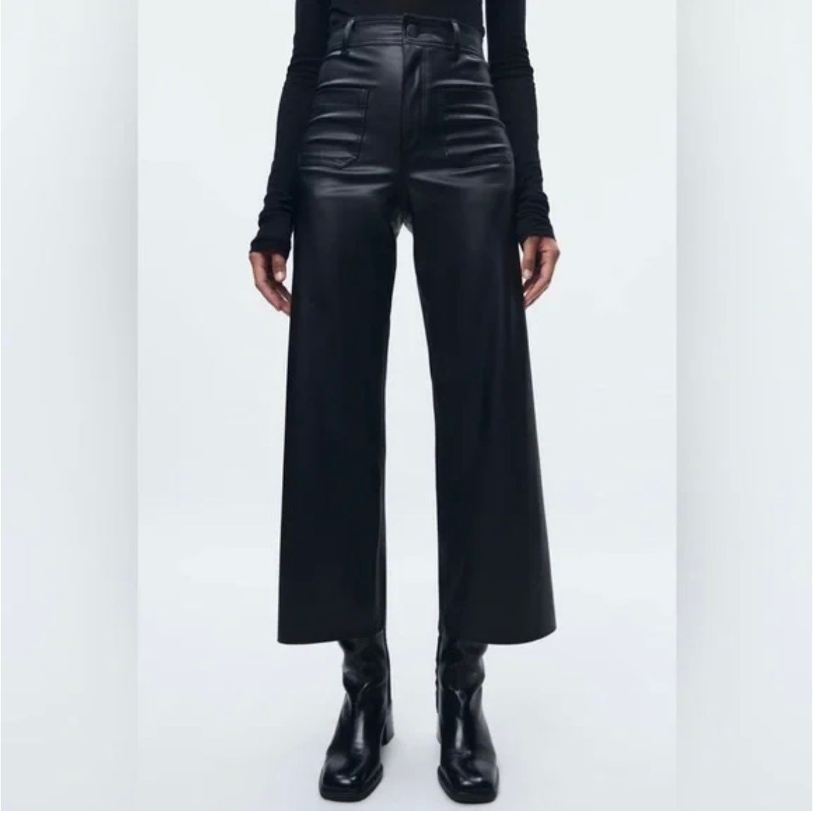 Zara women’s wide leg high rise faux leather pants Sz 4 black 