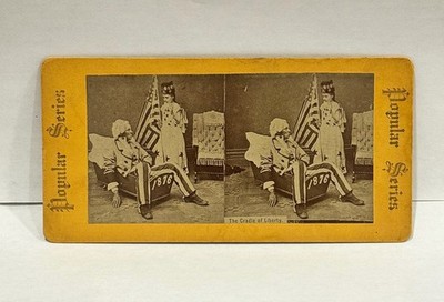 Patriotic Uncle Sam's Fourth 1876 Stereo View American Flag ' Cradle of Liberty'
