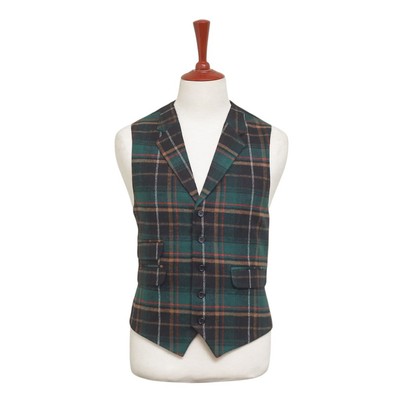 Mens Vest 44R Green Black Tartan Plaid Wool Waistcoat XL Formal