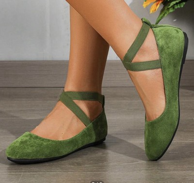 Light Olive Green Faux Suede Soft Sole Ankle Strap Ballet Shoes