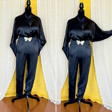 Vintage The Company Store 100% Silk Black Jumpsuit Size L
