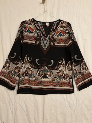 Pink Owl V Tunic Long Small  Black Geometric Designs