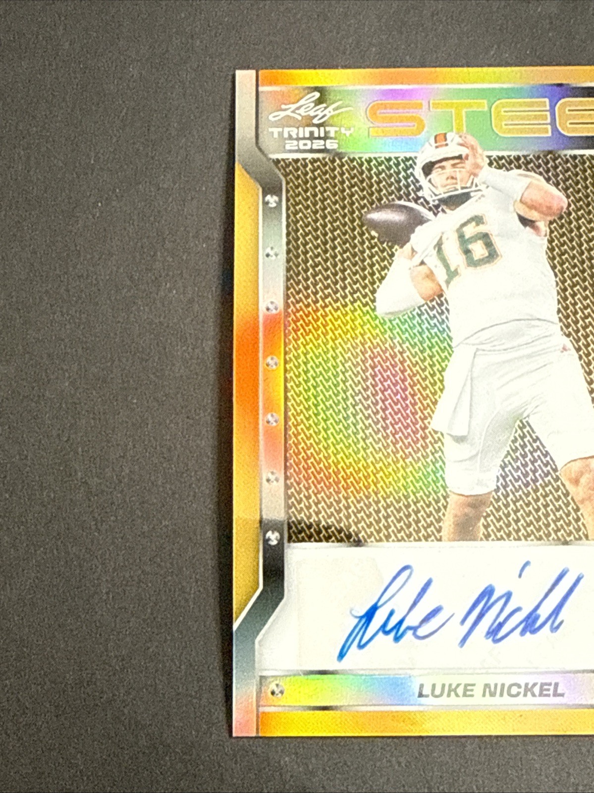 2026 Leaf Trinity Football Steel Luke Nickel Auto 1/1 GOLD view 2